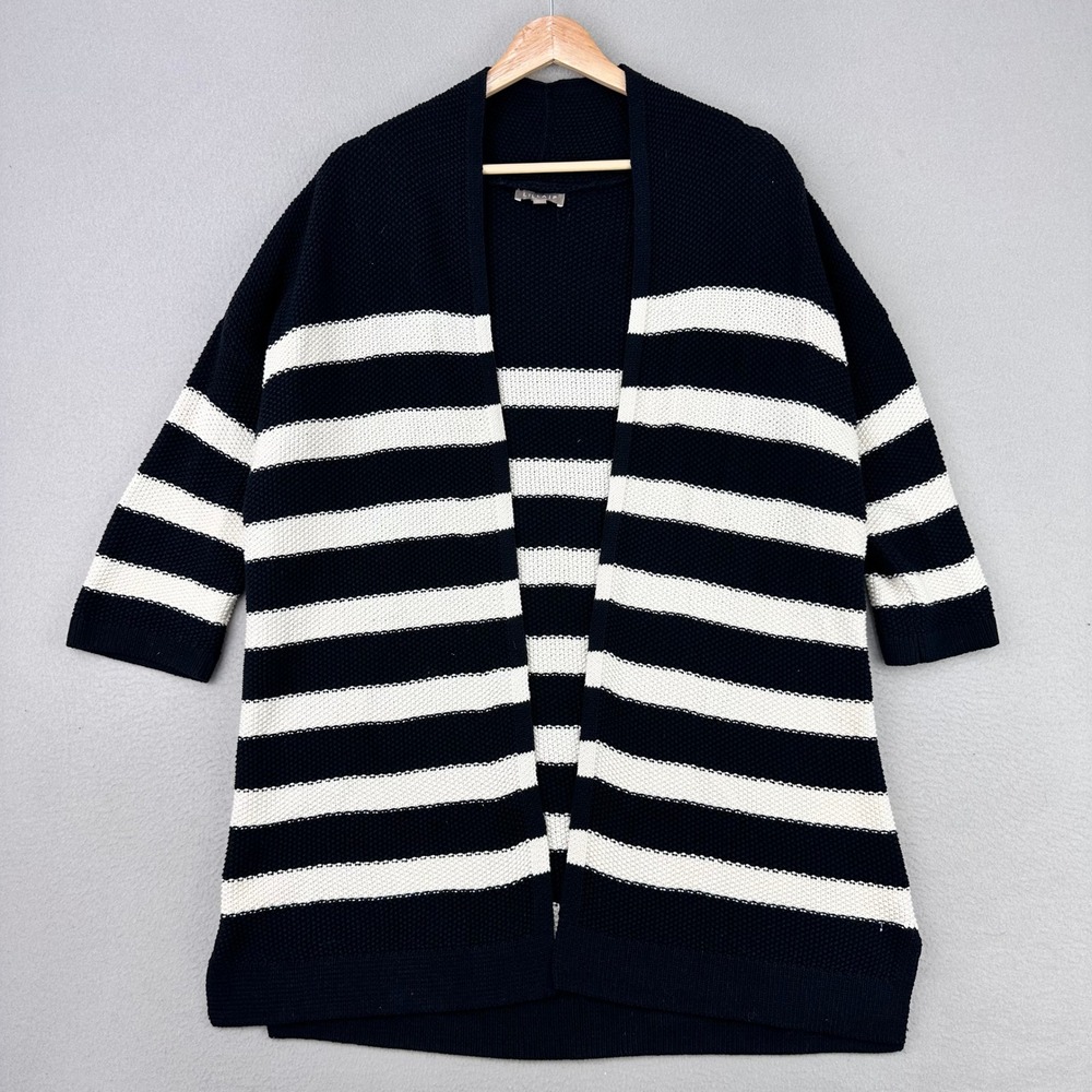 Lilla P Cardigan Sweater Womens M/L Black Cream Striped Cotton Lightweight Beach